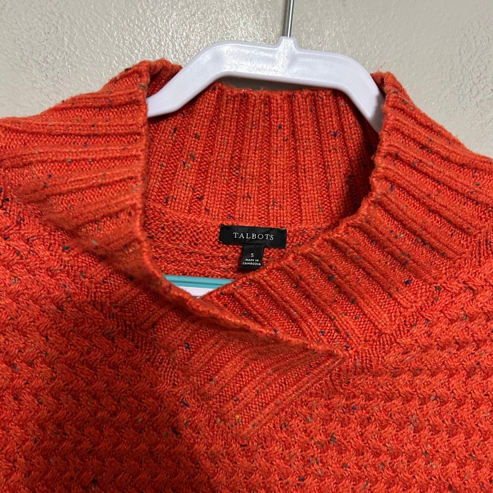Talbots Sweater S Orange Split Mock Neck Birdseye Textured Knit Autumn Cozy - Picture 4 of 9